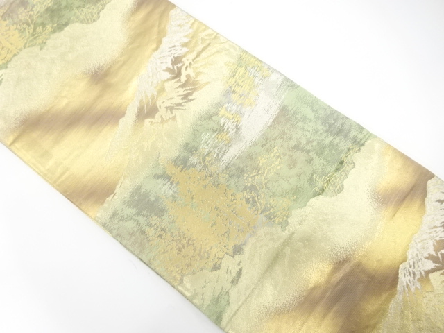 JAPANESE KIMONO / ANTIQUE FUKURO OBI / SILK / WOVEN DISTANT MOUNTAINS & TREES